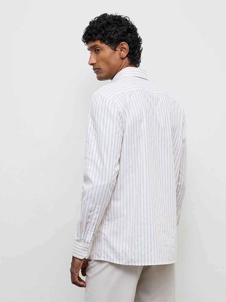 WES Formals Beige Striped Slim-Fit Cotton Shirt