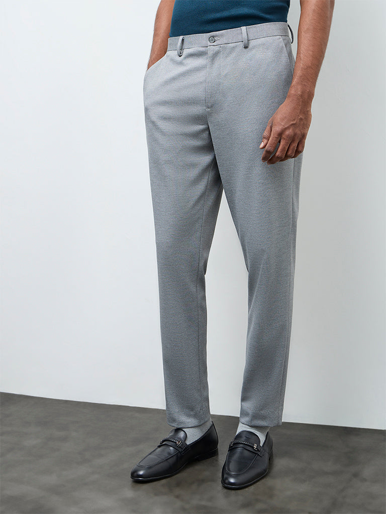 WES Formals Grey Slim-Fit Mid-Rise Trousers
