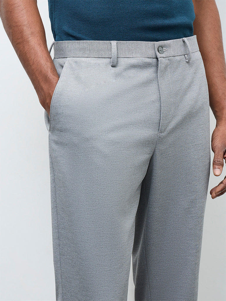 WES Formals Grey Slim-Fit Mid-Rise Trousers