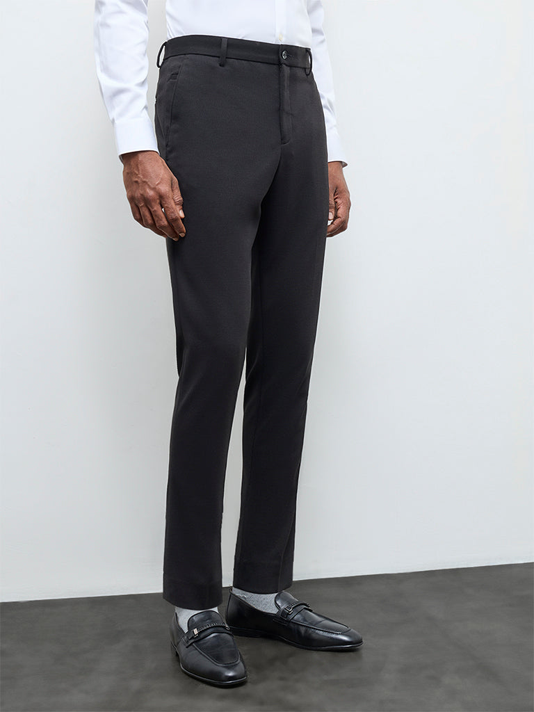 WES Formals Black Slim-Fit Mid-Rise Trousers