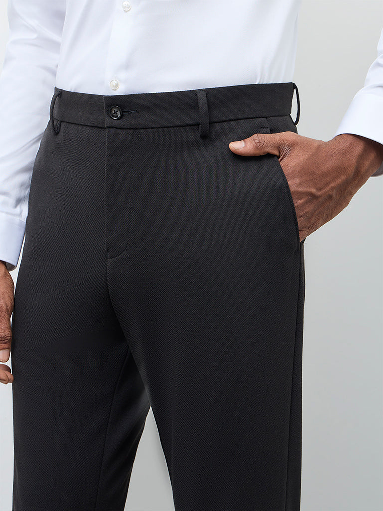 WES Formals Black Slim-Fit Mid-Rise Trousers