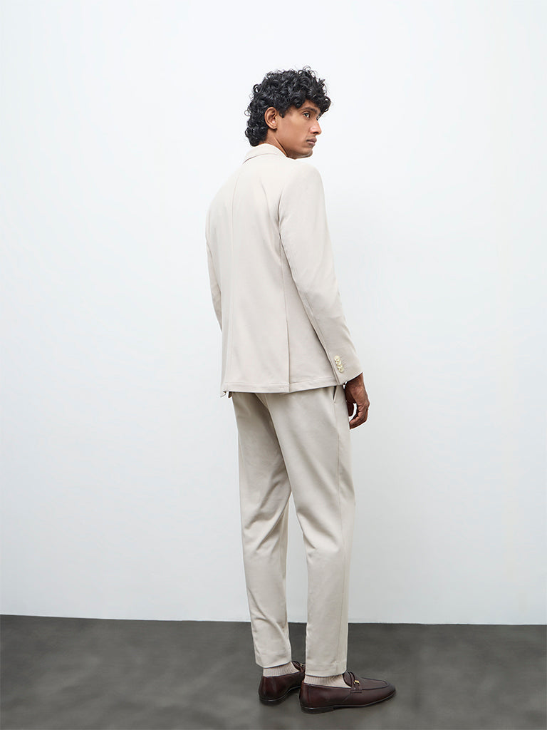 WES Formals Ivory Solid Slim-Fit Mid-Rise Trousers