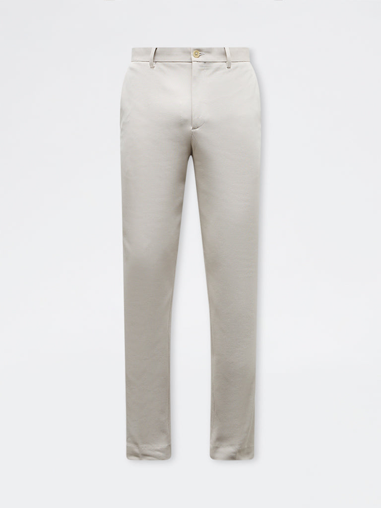 WES Formals Ivory Solid Slim-Fit Mid-Rise Trousers