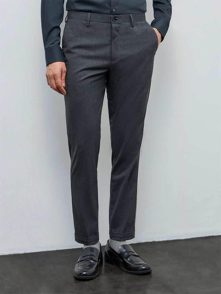 WES Formals Charcoal Slim-Fit Mid-Rise Trousers