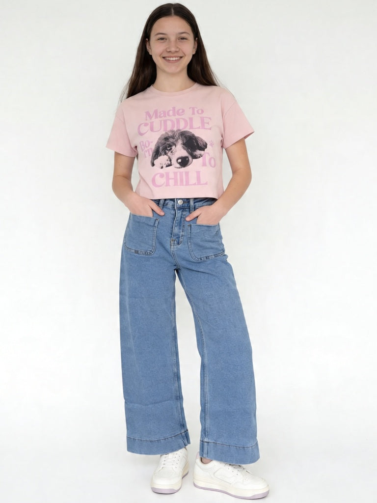 Girls Light Blue Wide Leg Jeans