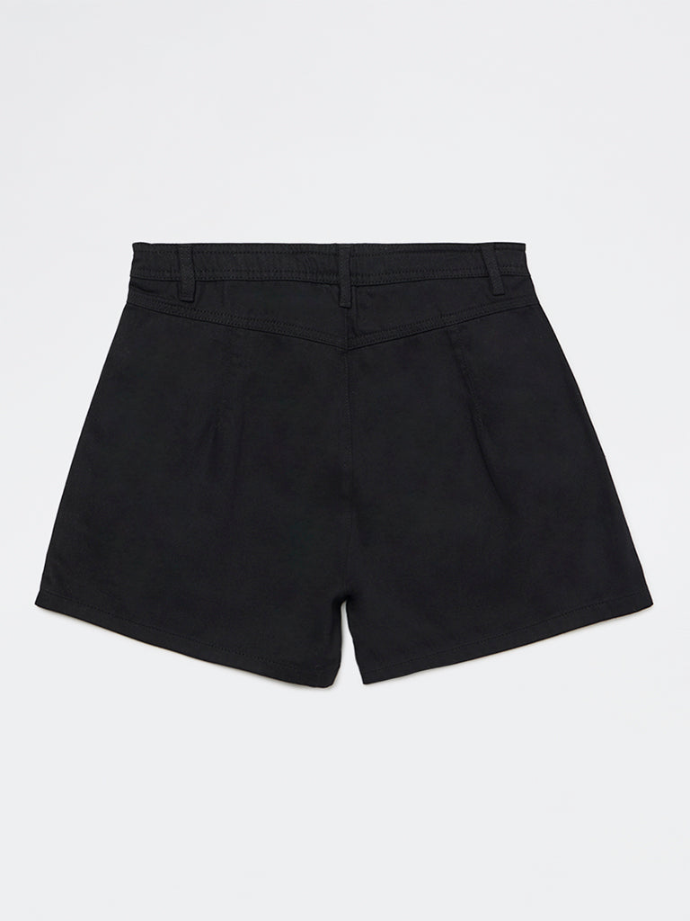 Girls Black High-Rise Cotton Shorts