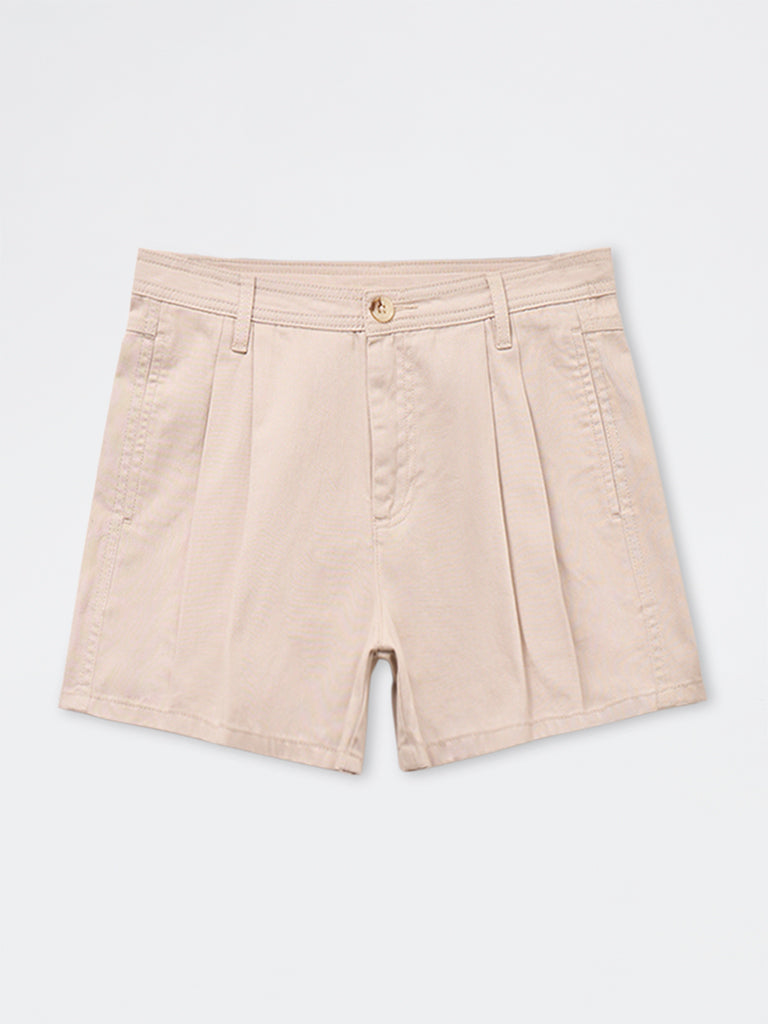 Girls Beige High Rise Cotton Shorts
