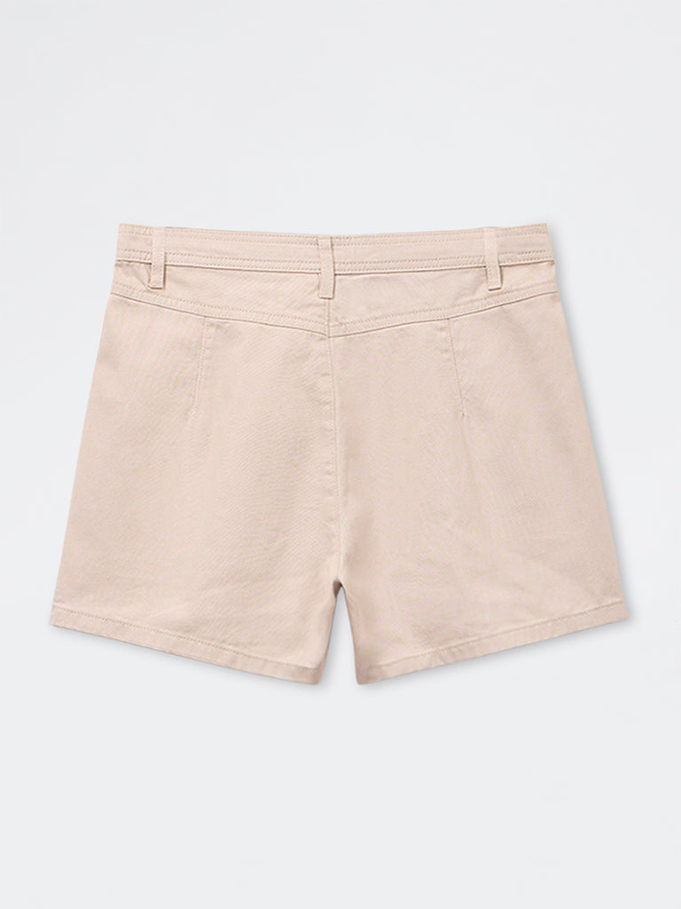 Girls Beige High Rise Cotton Shorts