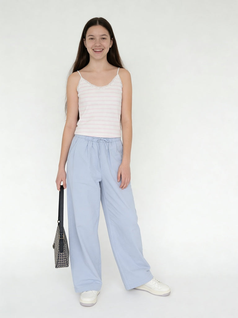Girls Blue Solid Wide Leg Cotton Trousers