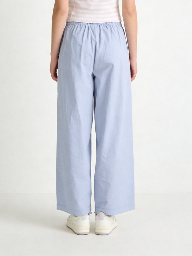 Girls Blue Solid Wide Leg Cotton Trousers