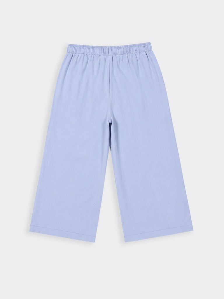 Girls Blue Solid Wide Leg Cotton Trousers