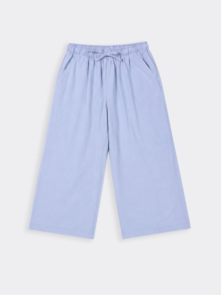 Girls Blue Solid Wide Leg Cotton Trousers