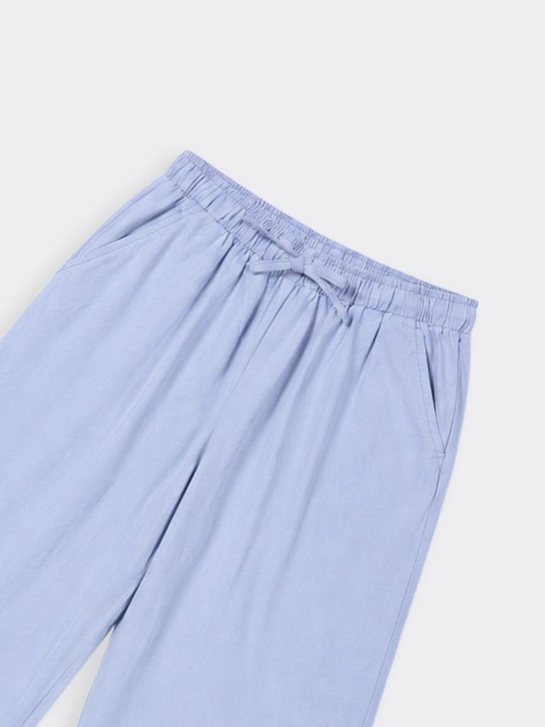 Girls Blue Solid Wide Leg Cotton Trousers