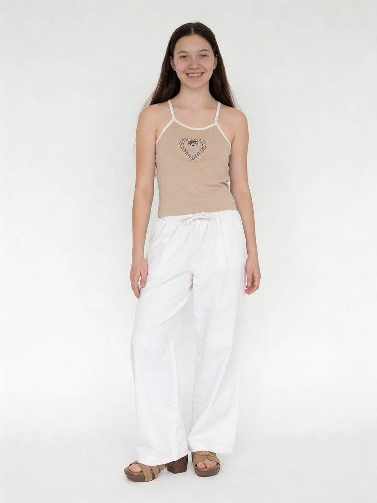 Girls Off-White Solid Mid Rise Cotton Trousers
