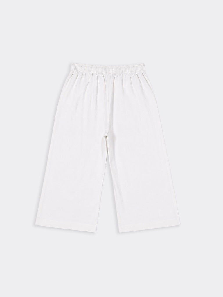 Girls Off-White Solid Mid Rise Cotton Trousers
