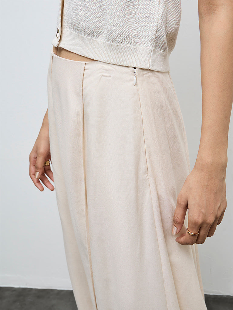 LOV Off-White Solid Linen-Blend Fit-and-Flare Skirt