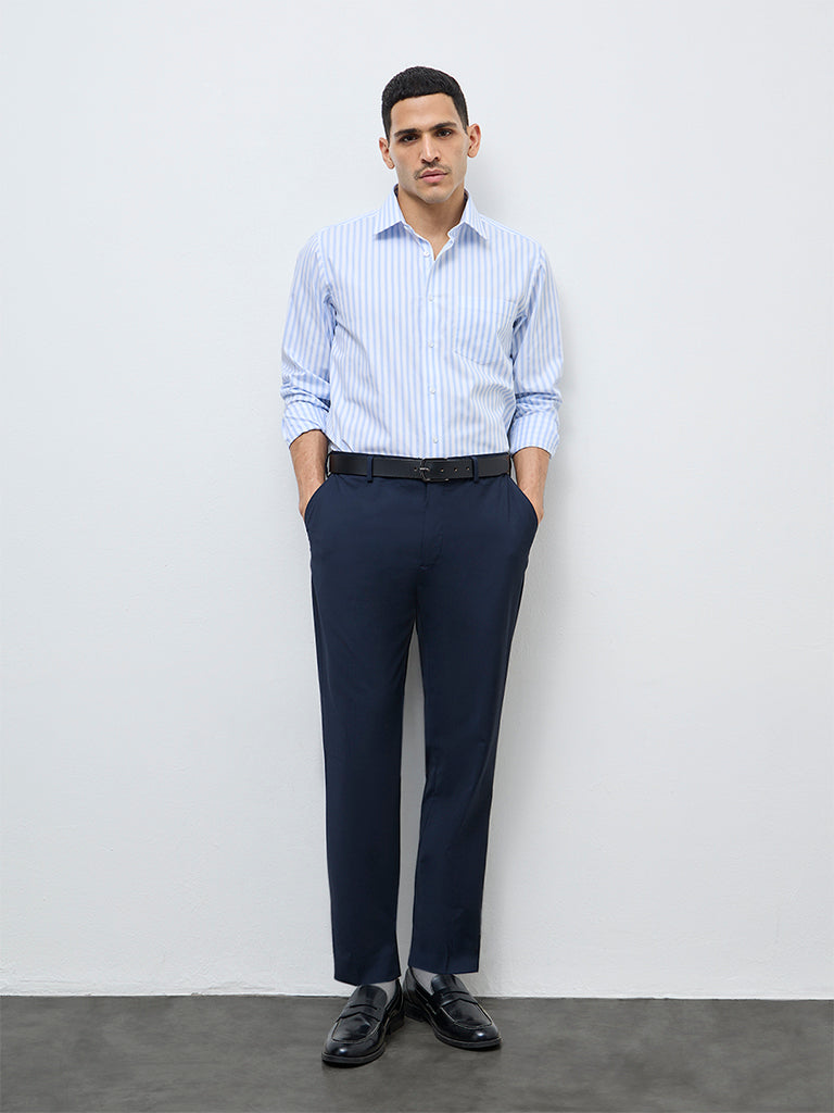 WES Formals Blue Striped Slim-Fit Cotton Shirt