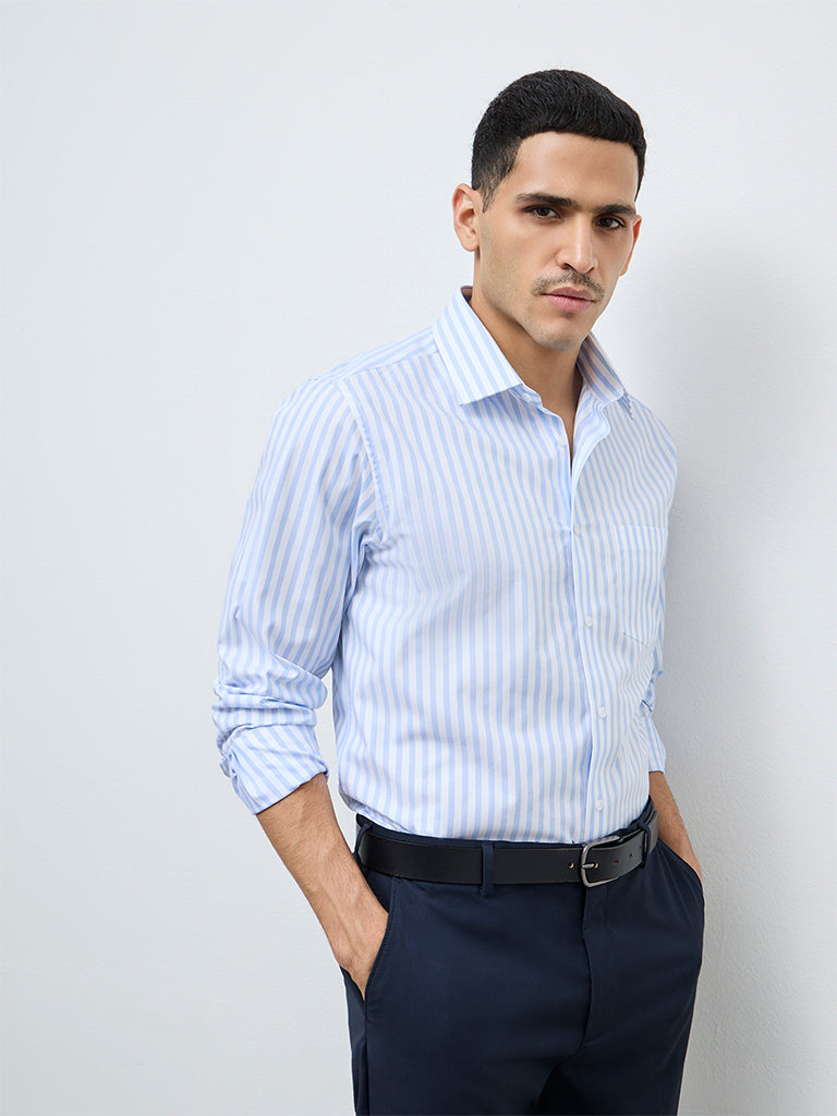 WES Formals Blue Striped Slim-Fit Cotton Shirt