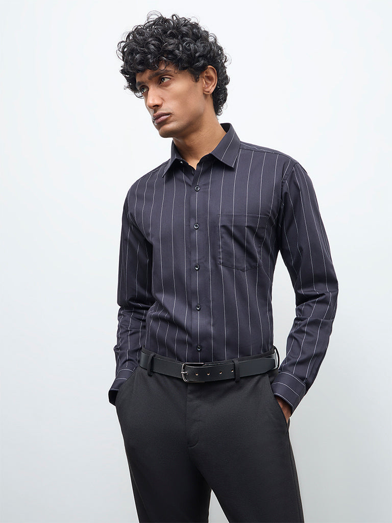 WES Formals Black Pinstriped Slim-Fit Cotton Shirt