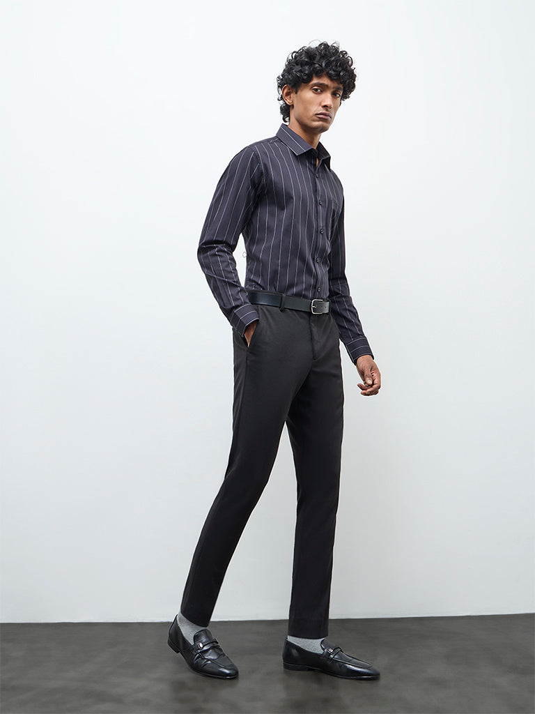 WES Formals Black Pinstriped Slim-Fit Cotton Shirt