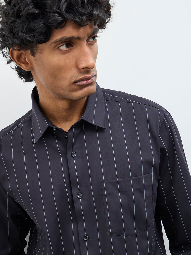 WES Formals Black Pinstriped Slim-Fit Cotton Shirt