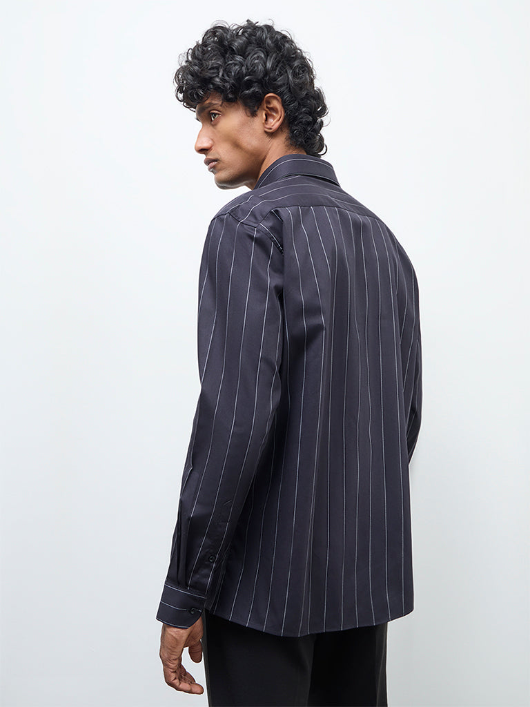 WES Formals Black Pinstriped Slim-Fit Cotton Shirt