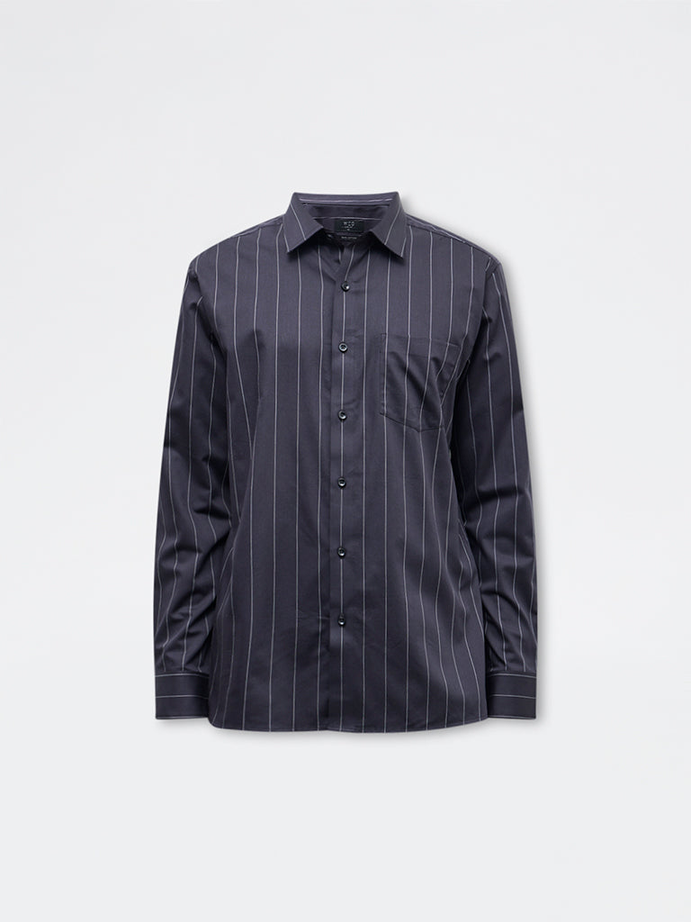 WES Formals Black Pinstriped Slim-Fit Cotton Shirt