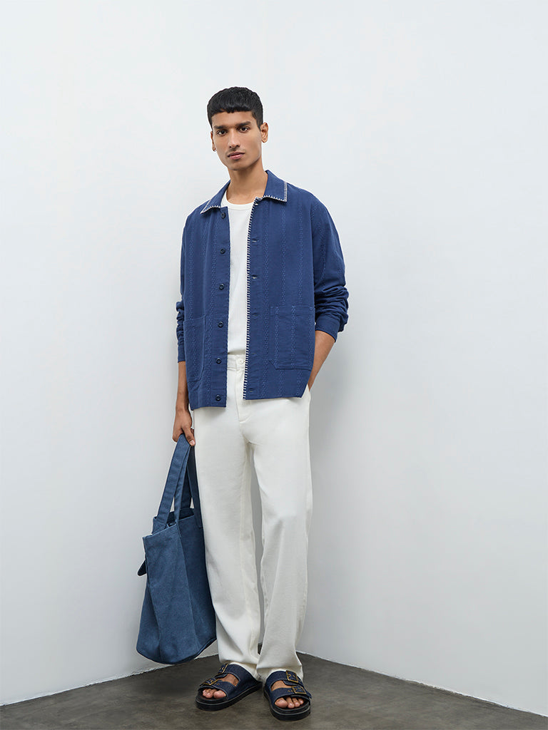 ETA Blue Embroidered Relaxed-Fit Cotton Jacket