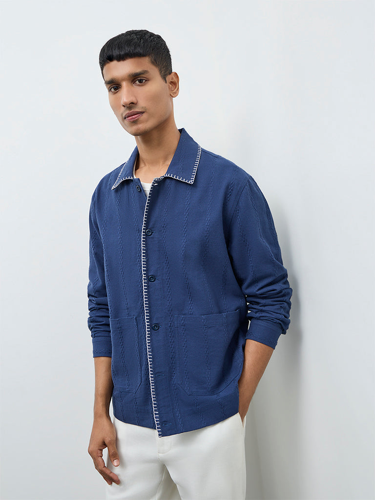 ETA Blue Embroidered Relaxed-Fit Cotton Jacket