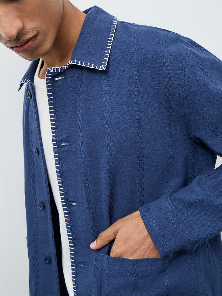 ETA Blue Embroidered Relaxed-Fit Cotton Jacket
