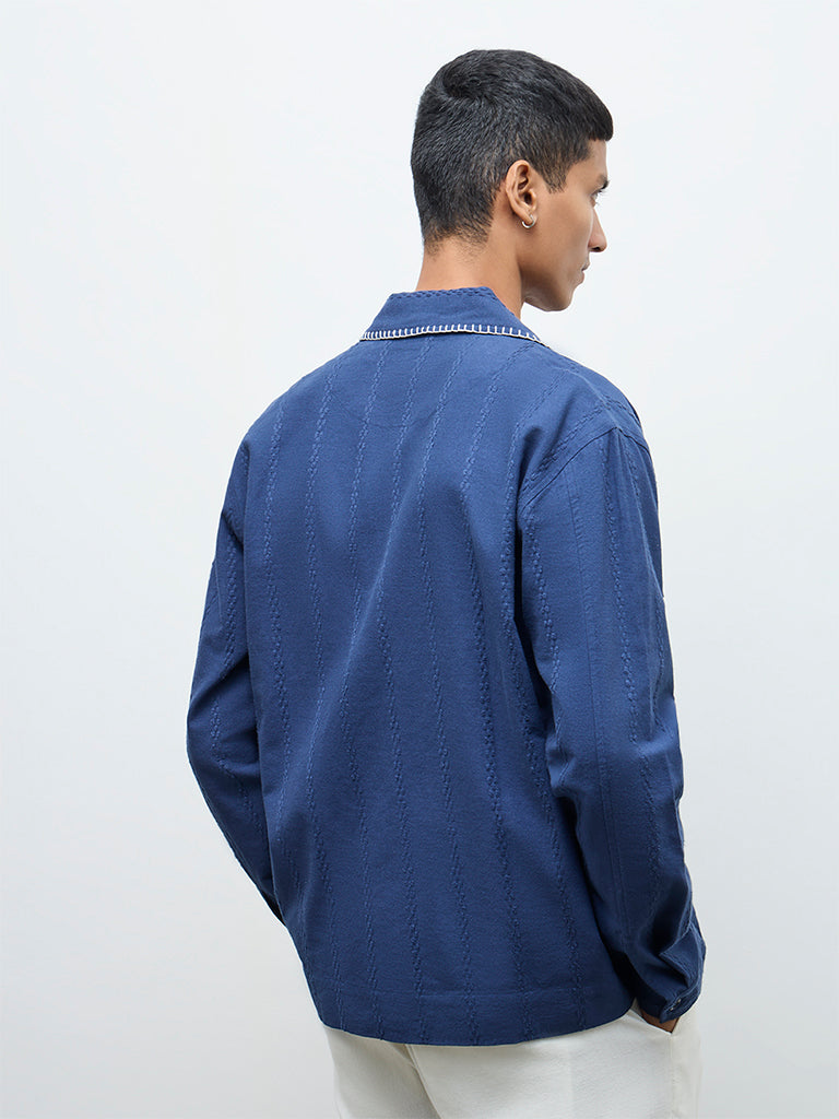 ETA Blue Embroidered Relaxed-Fit Cotton Jacket