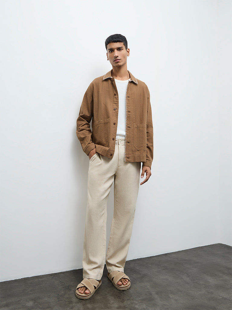 ETA Brown Embroidered Relaxed-Fit Cotton Jacket
