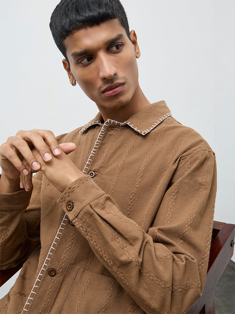 ETA Brown Embroidered Relaxed-Fit Cotton Jacket
