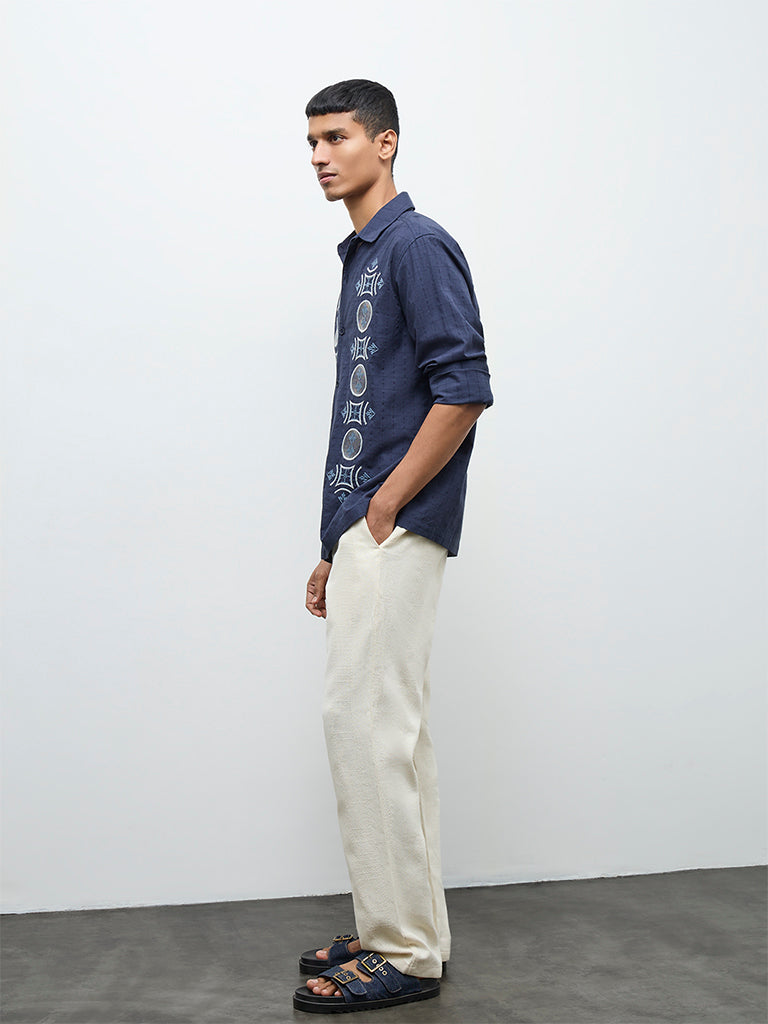ETA Navy Embroidered Relaxed-Fit Cotton Shirt