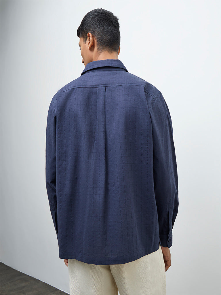 ETA Navy Embroidered Relaxed-Fit Cotton Shirt