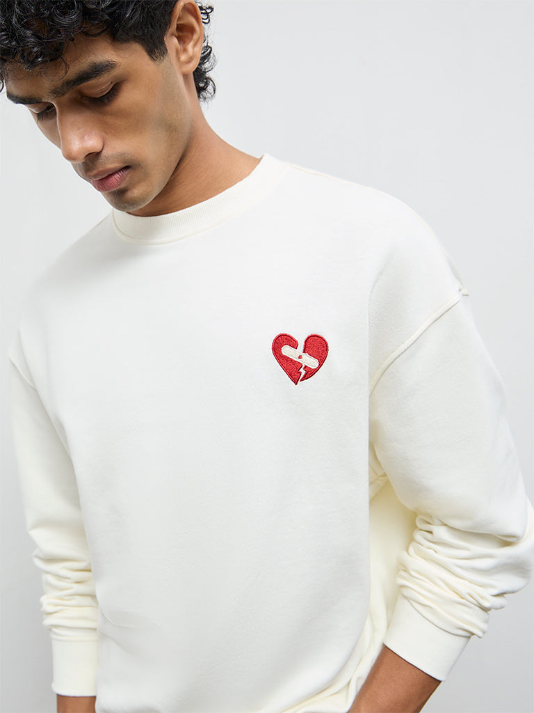 Nuon Off-White Embroidered Relaxed-Fit Cotton Sweatshirt