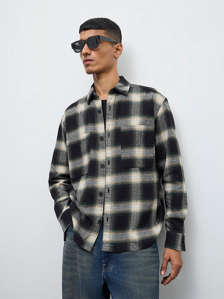 Nuon Black Check Relaxed Fit Cotton Shirt