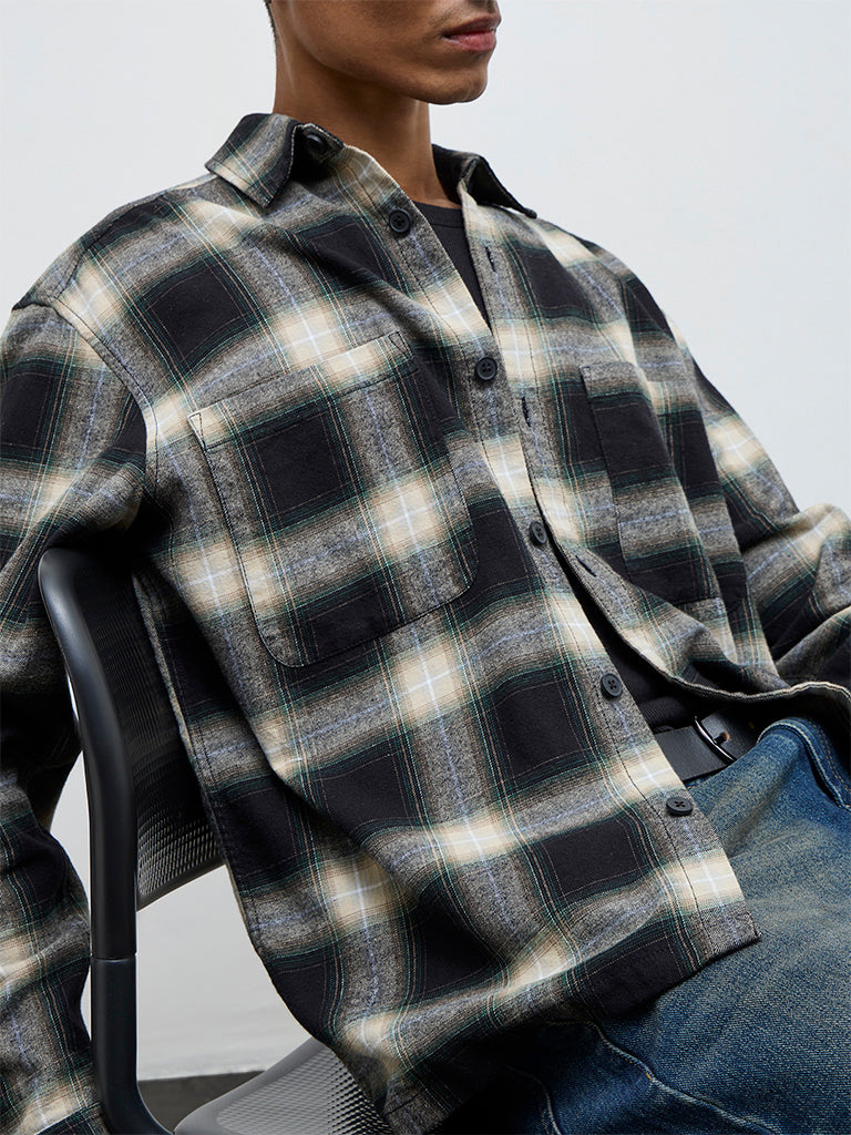 Nuon Black Check Relaxed Fit Cotton Shirt