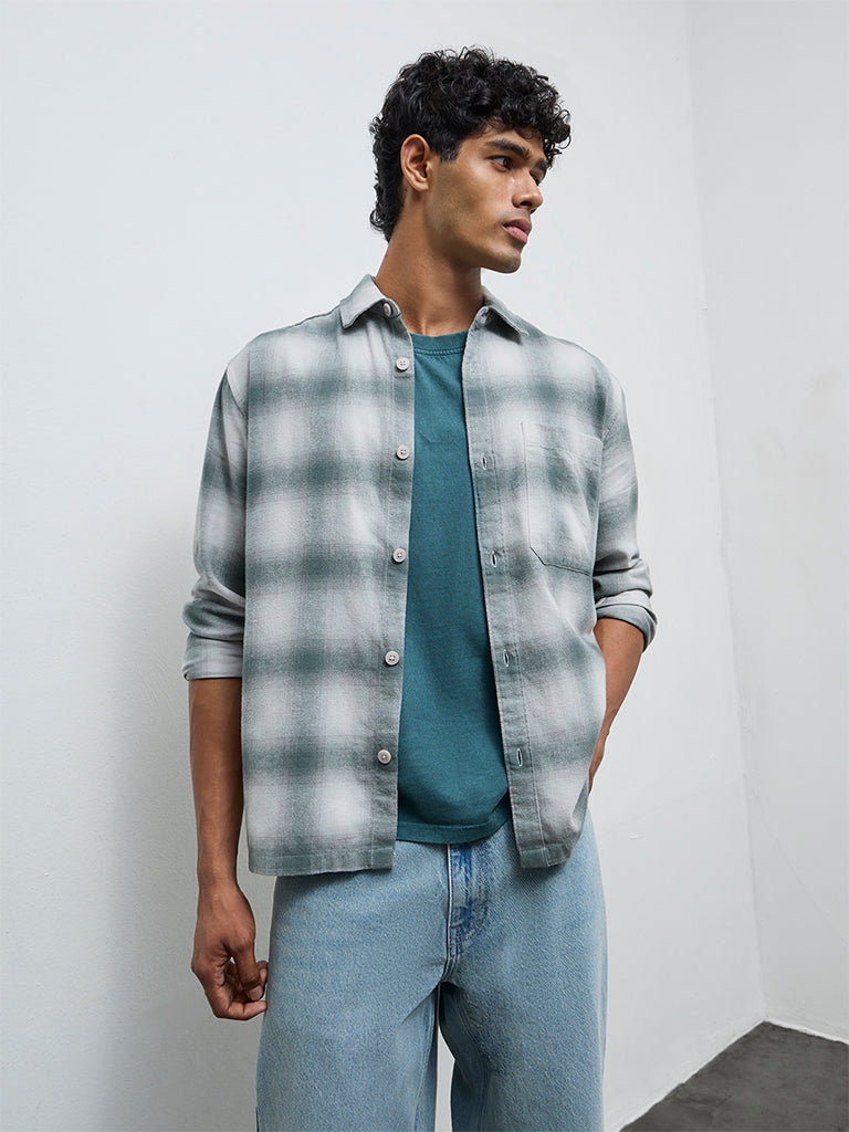 Nuon Teal Checkered Relaxed-Fit Cotton Shirt