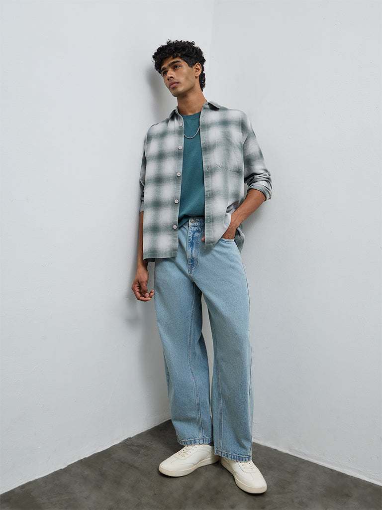 Nuon Teal Checkered Relaxed-Fit Cotton Shirt