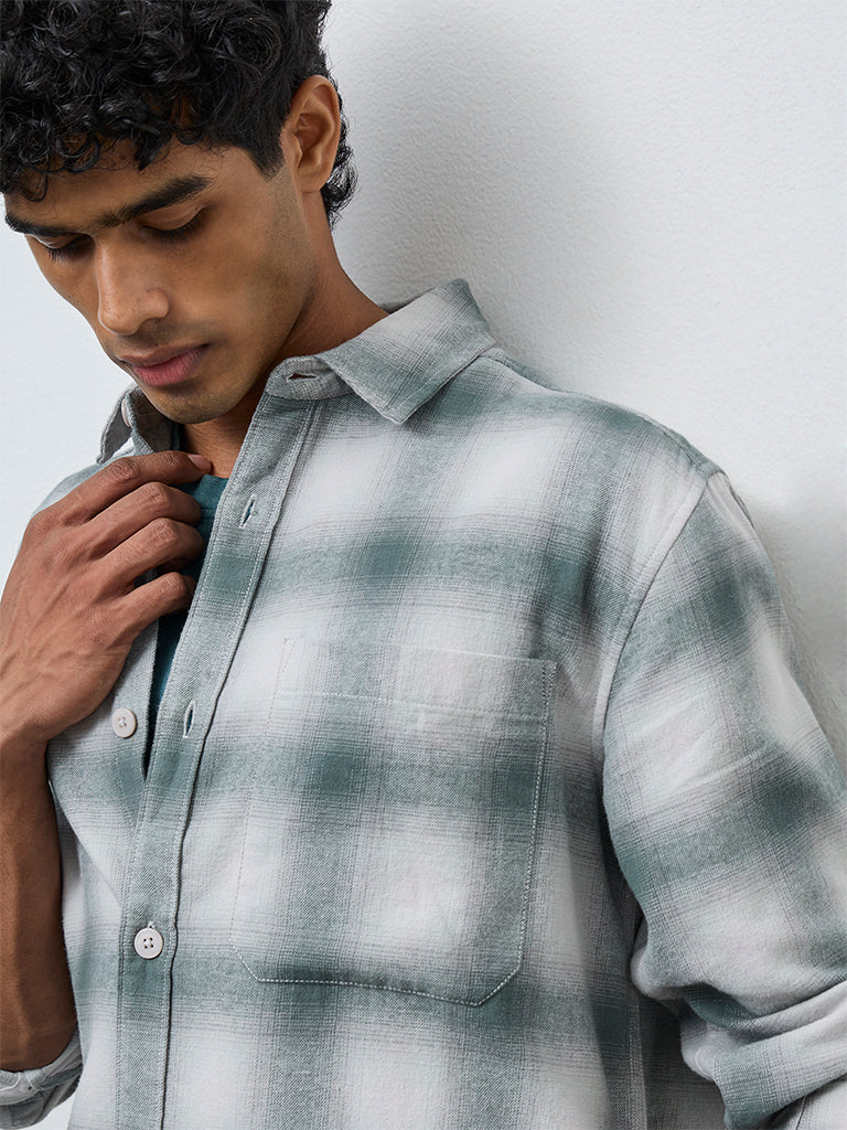Nuon Teal Checkered Relaxed-Fit Cotton Shirt
