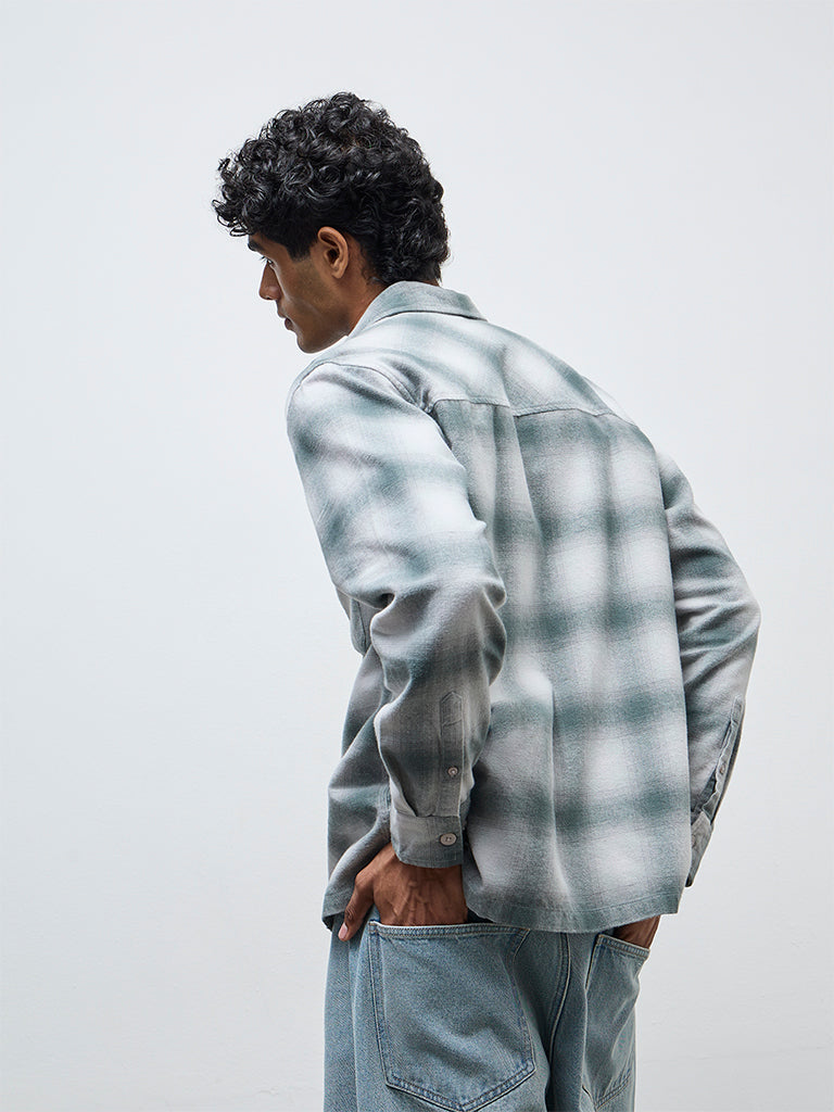 Nuon Teal Checkered Relaxed-Fit Cotton Shirt