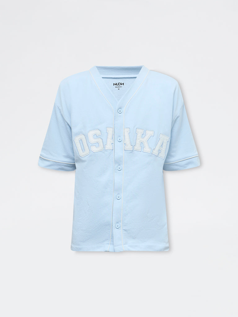 Nuon Light Blue Text Design Relaxed-Fit Cotton-Blend T-Shirt