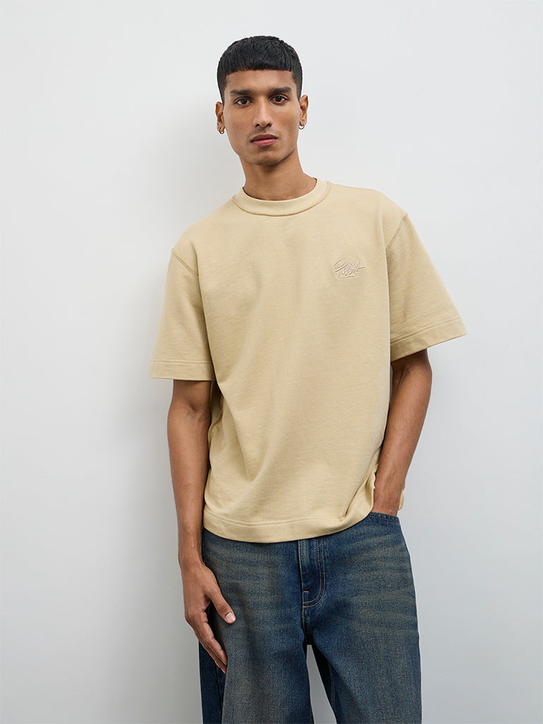 Nuon Light Beige Text Design Relaxed Fit Cotton T-Shirt