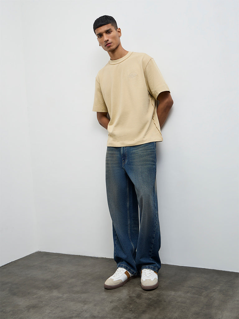 Nuon Light Beige Text Design Relaxed Fit Cotton T-Shirt