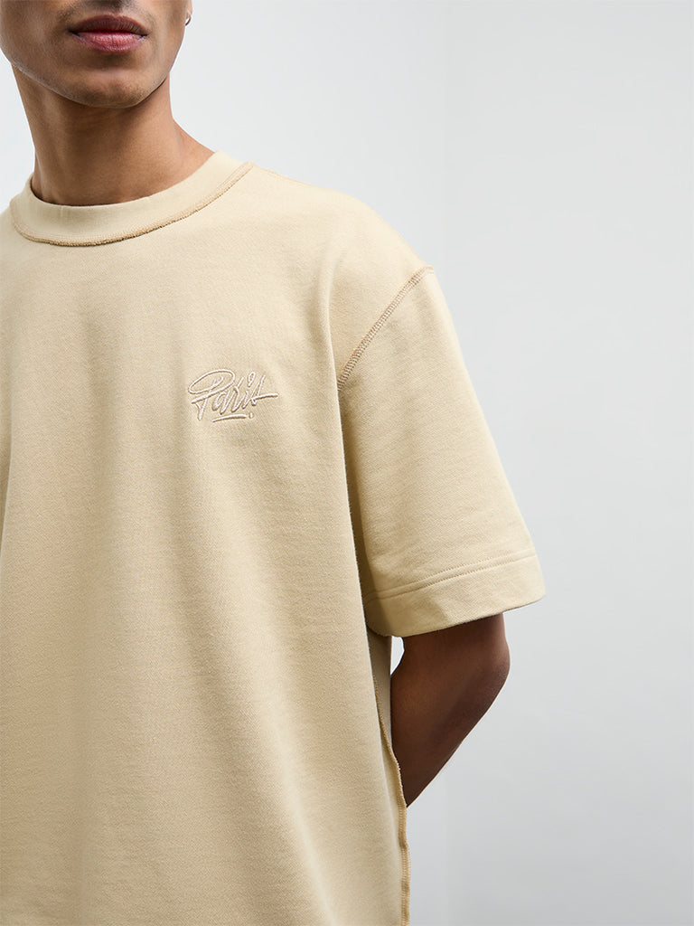 Nuon Light Beige Text Design Relaxed Fit Cotton T-Shirt