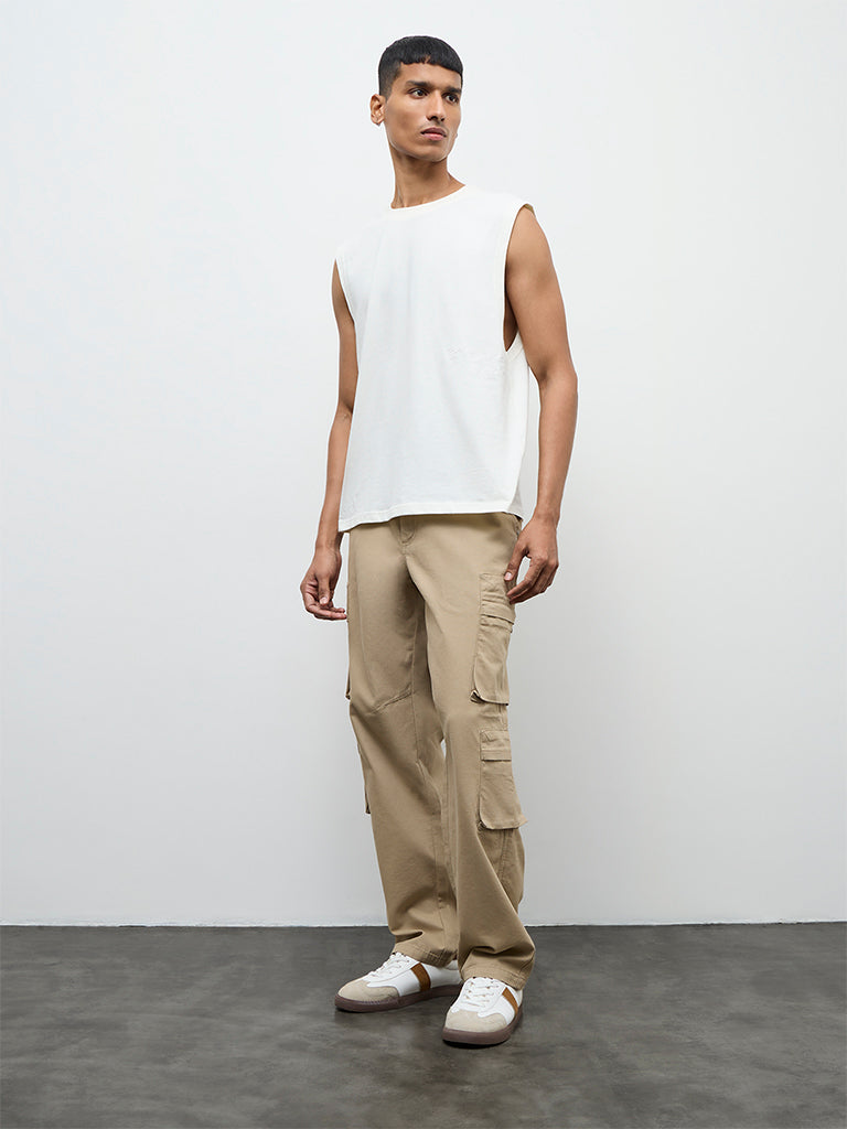 Nuon Off-White Solid Relaxed Fit Cotton T-Shirt
