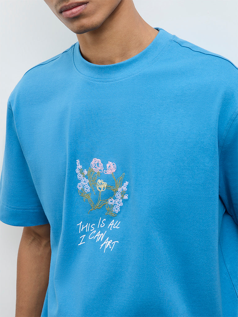 Nuon Blue Embroidered Relaxed-Fit Cotton T-Shirt