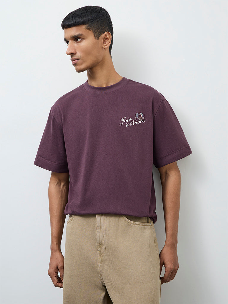 Nuon Purple Printed Relaxed-Fit Cotton T-Shirt