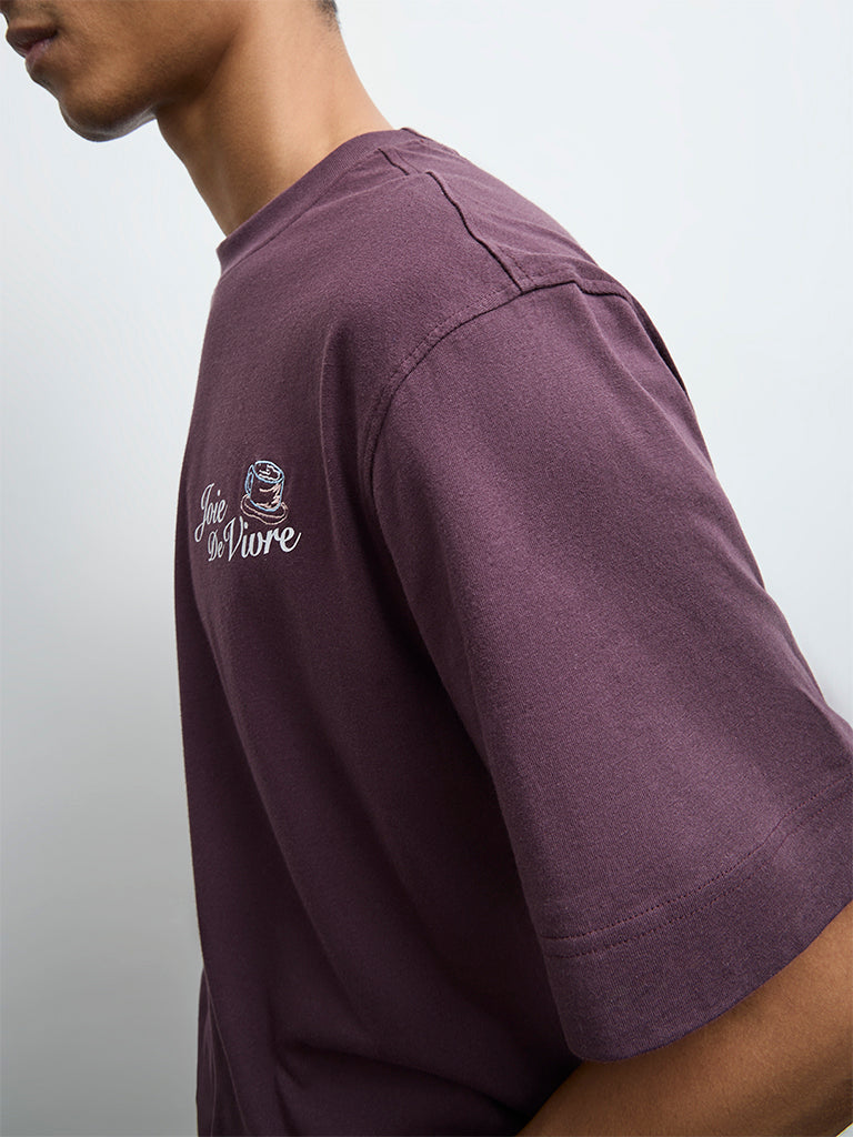 Nuon Purple Printed Relaxed-Fit Cotton T-Shirt